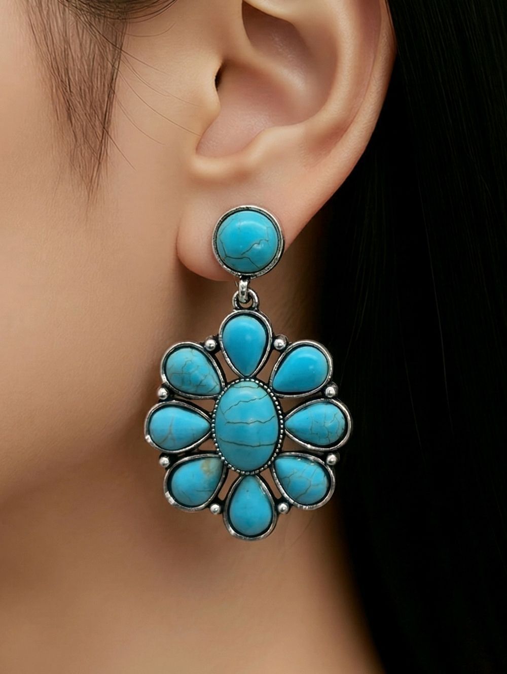 Turquoise Floral Cluster Dangle Earrings Silver Southwestern Boho Western Chic